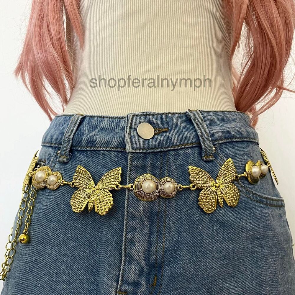 Gold Y2K Boho Fairycore Butterfly Pearl Chain Belt, Fits 27-46 Inches, X7GA1505